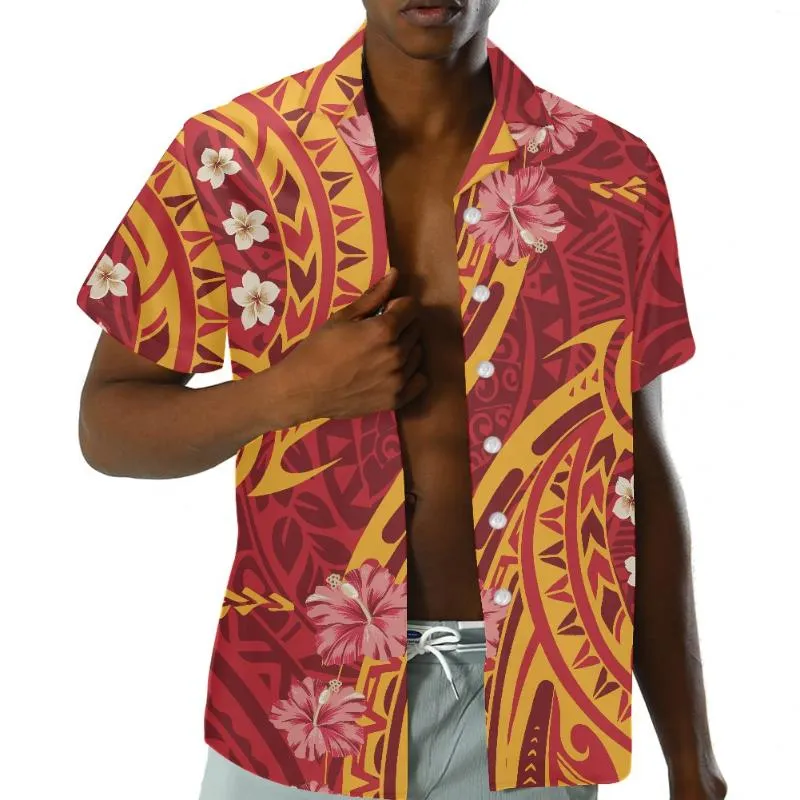 Casual shirts voor heren mode rood zakelijk shirt voor mannen korte mouwen Polynesische tribal Hawaiiaanse zomerheren strand dragen bloemen shirtmen's