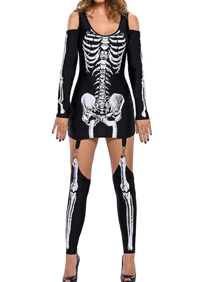 Womens Halloween Costume Long Sleeve Skeleton Printed Gothic Dress With Stockings Casual And Comfortable From Douguan 23.76 In Bulk DHgate.Com