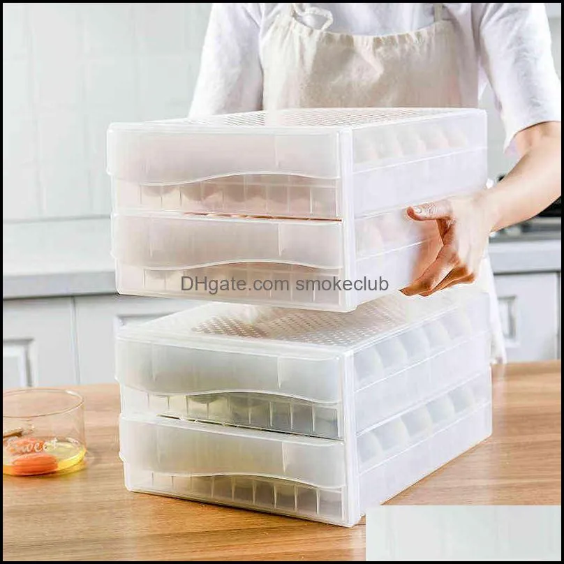 Household Egg Storage Box Drawer-Type Refrigerator Storage Box Plastic Transparent Dumpling Box Double Layer Egg Tray 220120