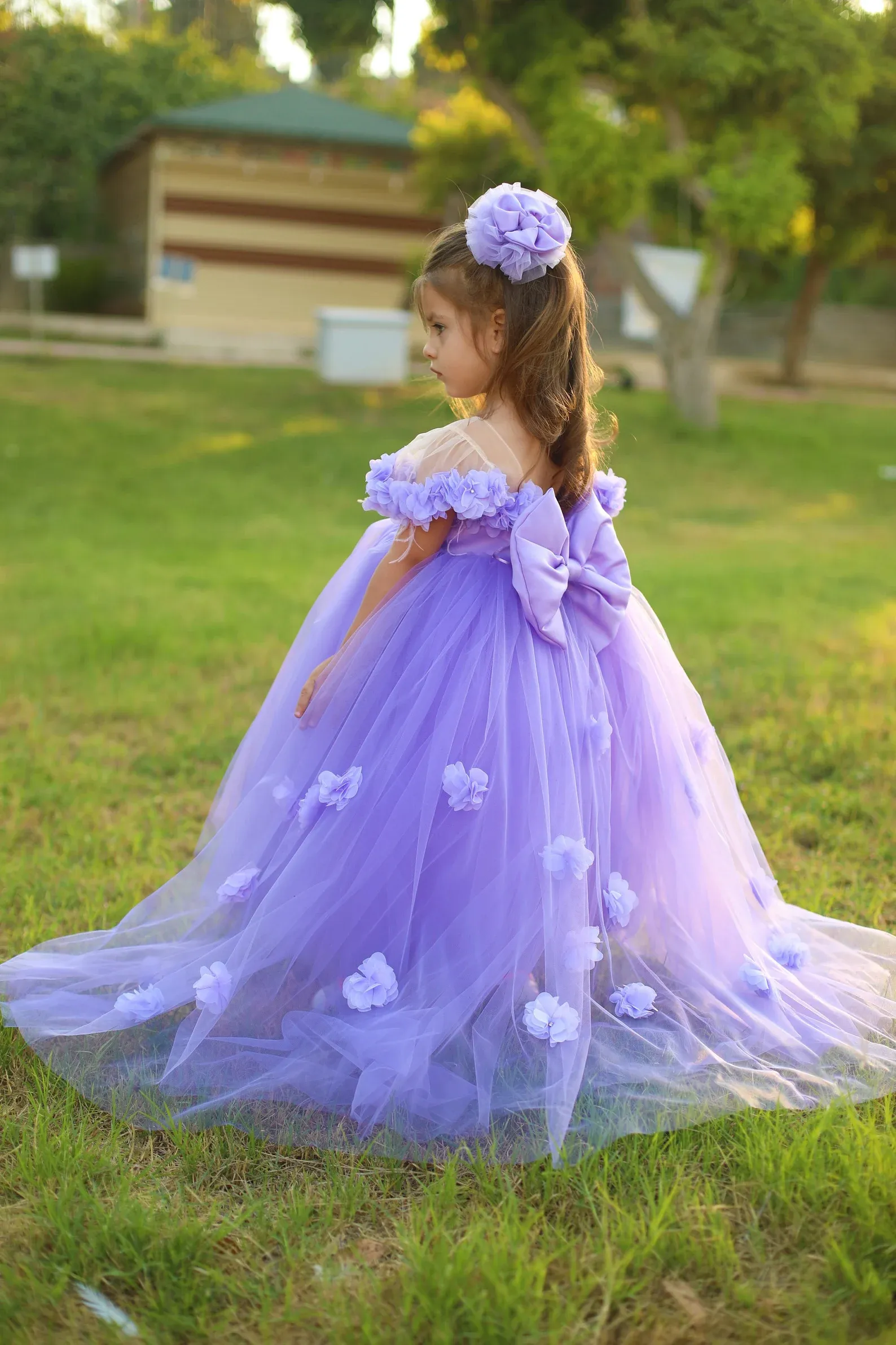 Abito da ragazza di fiori lilla lavanda Primo compleanno per bambini Prima Comunione Little Bride Gown Bow