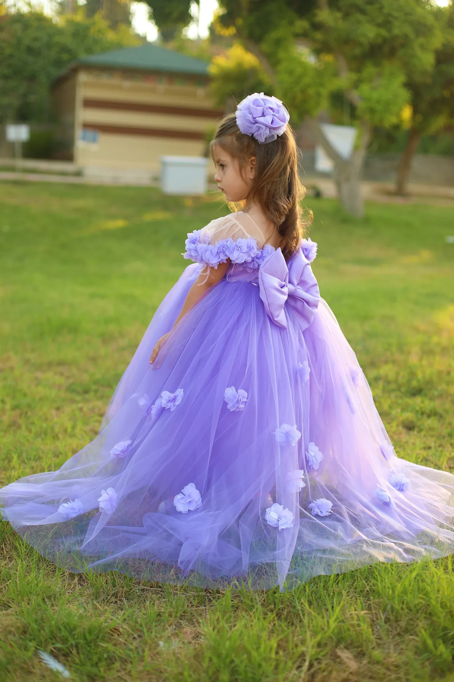 Flower Girl Dress Lilac Lavender First Birthday Toddler Första nattvardsgång Little Bride Gown Bow