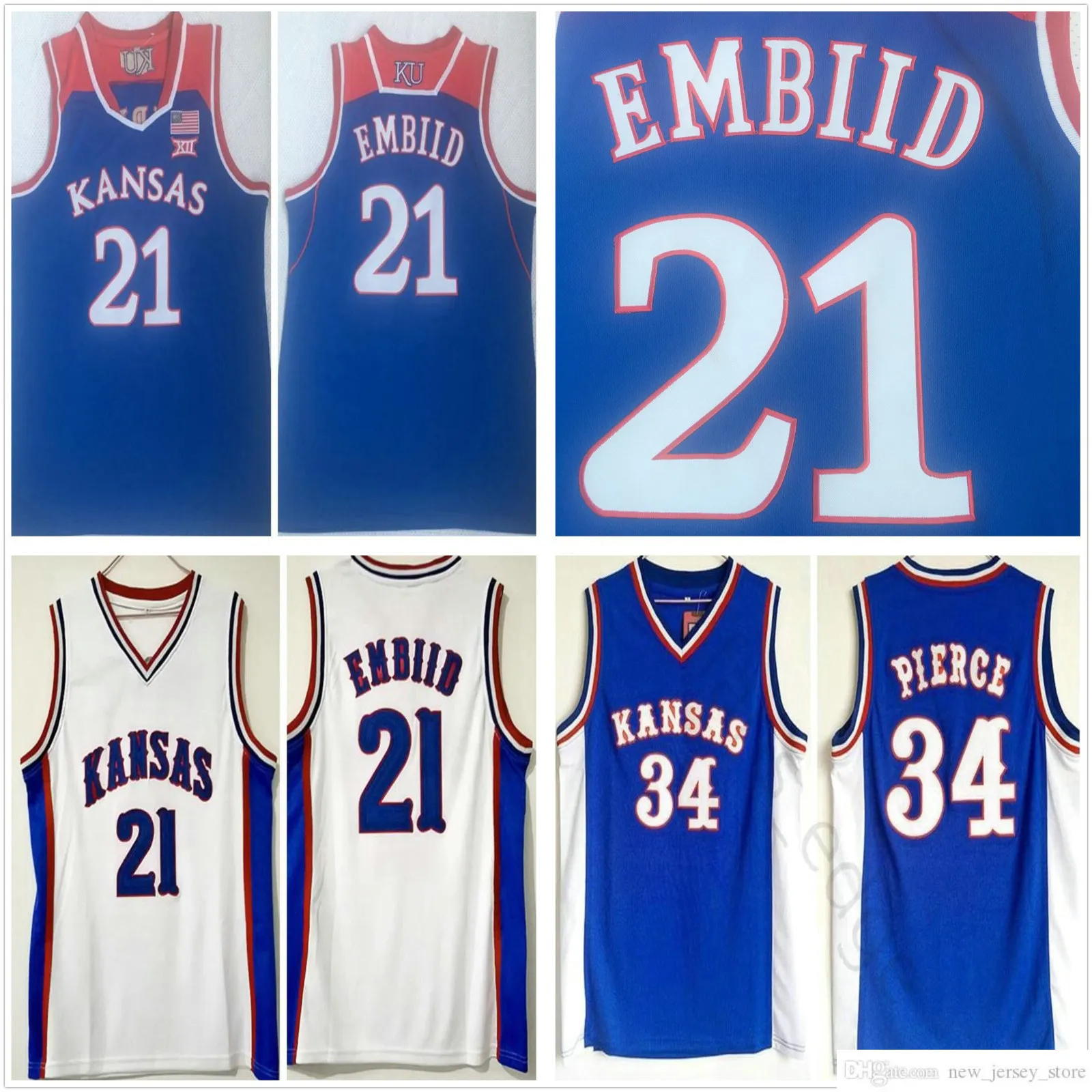 Cousu NCAA Kansas Jayhawks College Basketball Jerseys Joel 21 Embiid Vintage Paul 34 Pierce Jersey Blue Shirts S-2XL