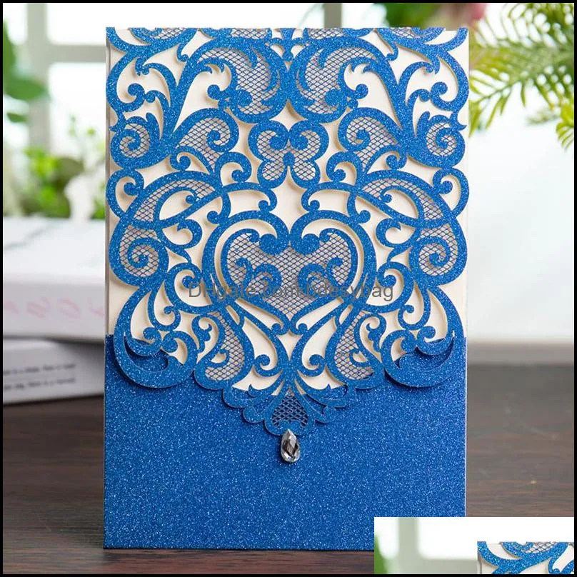 wishmade glitter royal blue laser cut wedding invitations with rhinestone lace design 50pcscards for party supplies customizable
