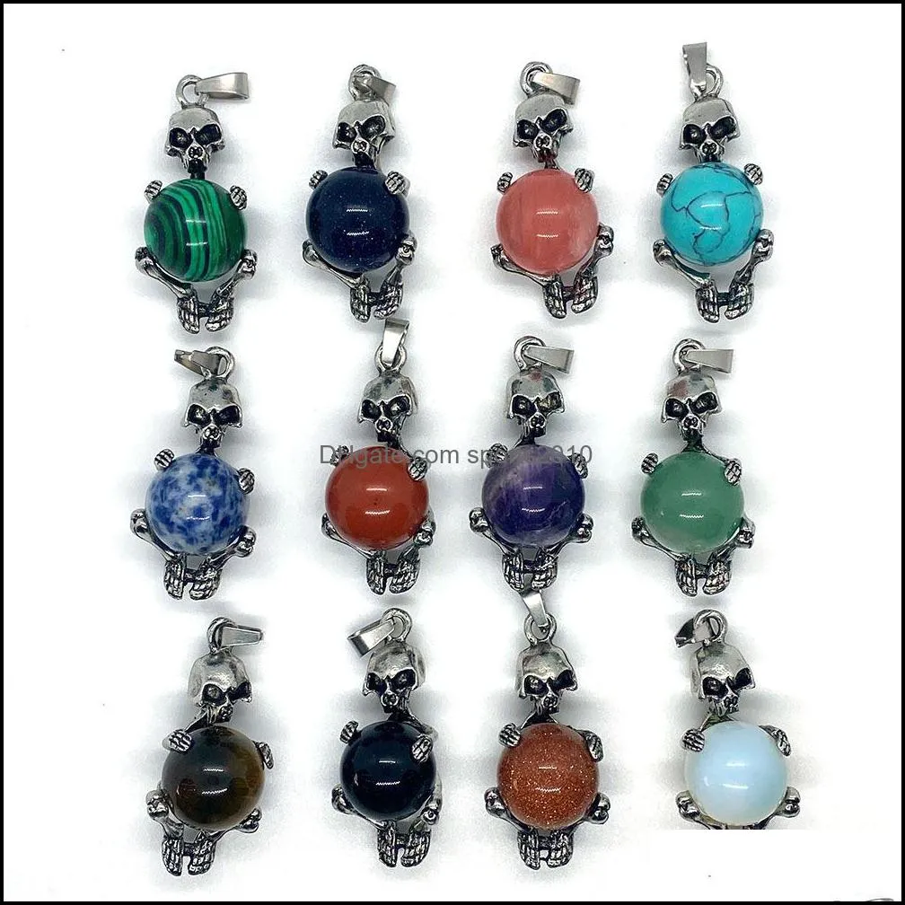 vintage skeleton natural crystal stones skull charms round tiger eye black onyx rose quartz stone ball charm beads pendants for jewelry sports2010