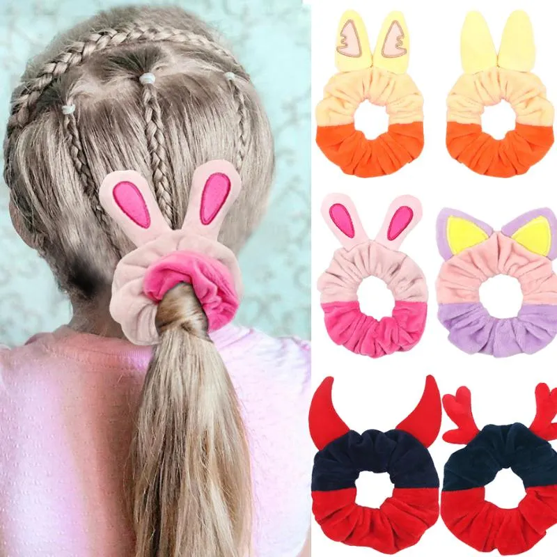 Hår tillbehör små tjejer slips barn patchwork mjuka rep baby cartoon öron elastik ponytailhållare barn ingen crease bobbles båge