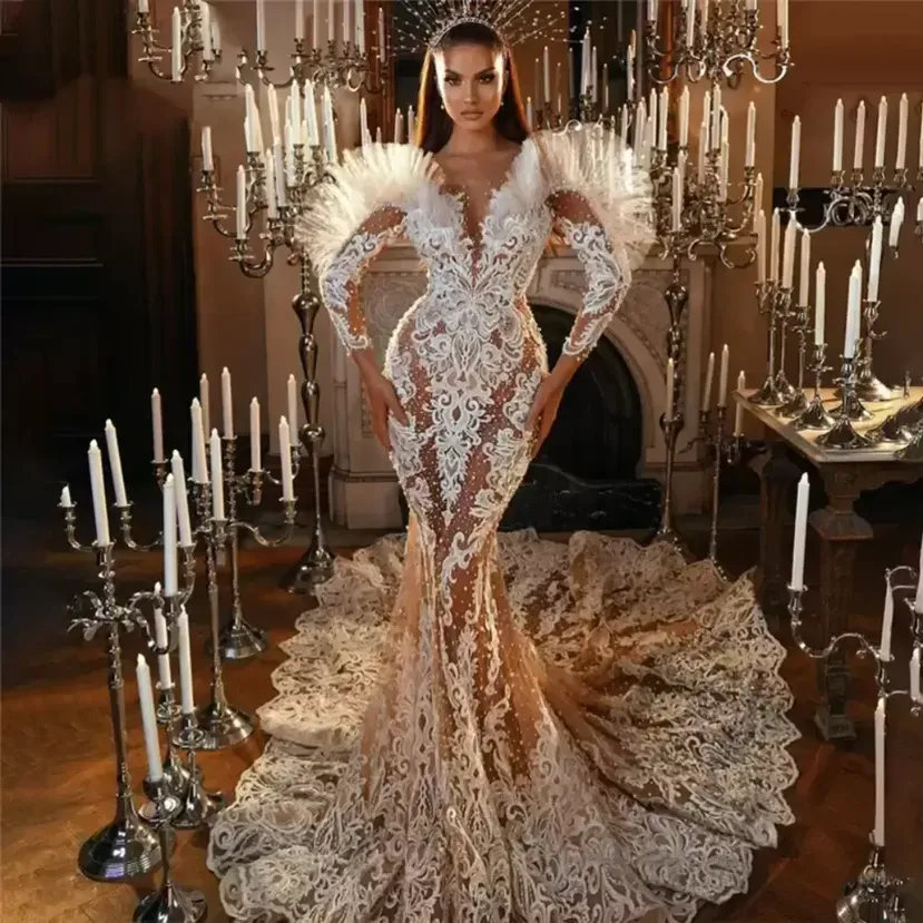 2022 lindo vestido de noiva champanhe longa v pescoço dubai renda de luxo apliquem mulheres ilusão saudi árabe vestidos formais plus size