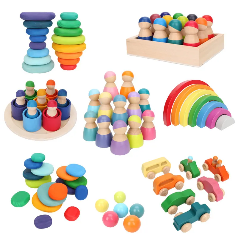 Wooden Rainbow Block Wood Stacking Toys Grimms Rainbow Building Blocks Balls Montessori Eductaional Toy Kids Rainbow Stacker 220524