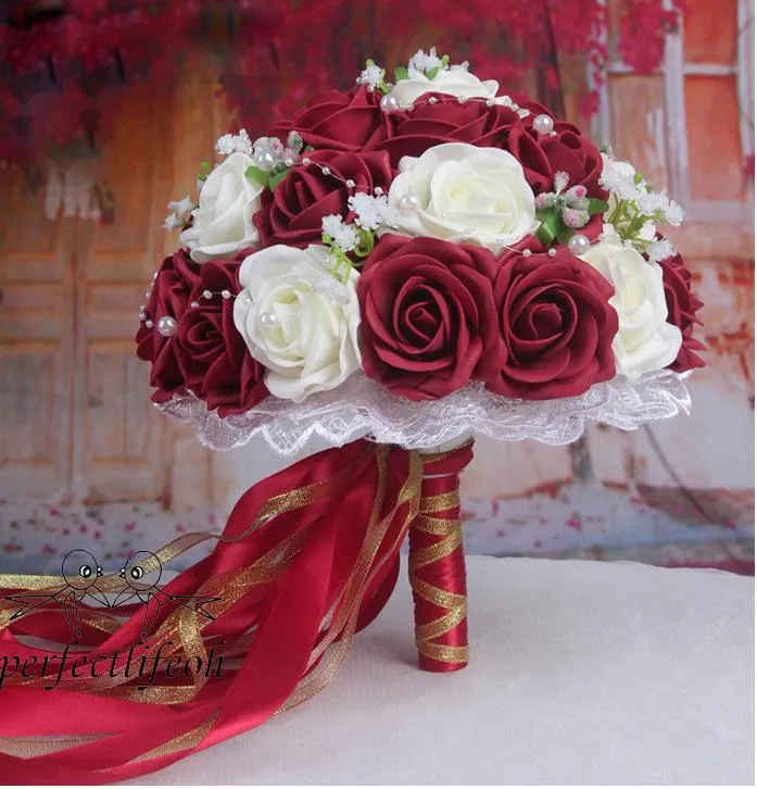 Bouquet de mariage bordeaux rose / rouge / blanc / bordeaux de la mariée de la mariée fleur artificielle fleur rose bouquet