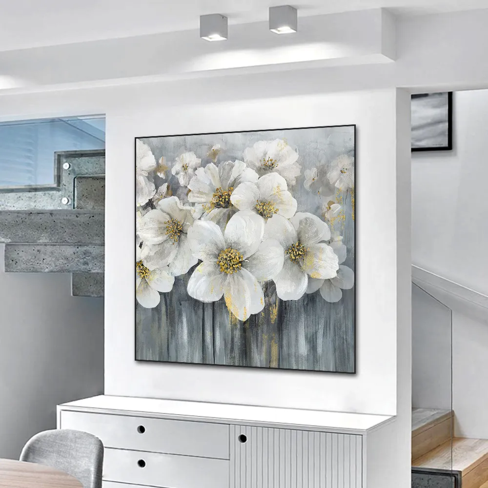 Abstract White Flower Canvas Painting 20x25 in Gold Floral Wall Art on ...
