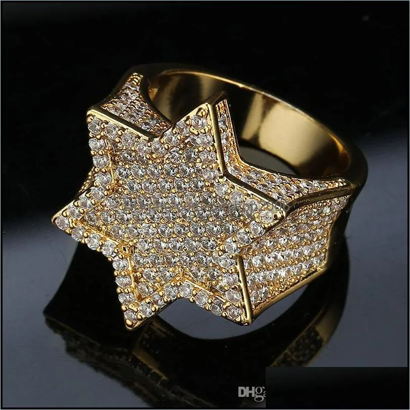 Mint Green Cubic Zirconia Bling Ice Out Jewish Star of David Hexagram Rings for Men Hip Hop Rapper Jewelry Gold Silver