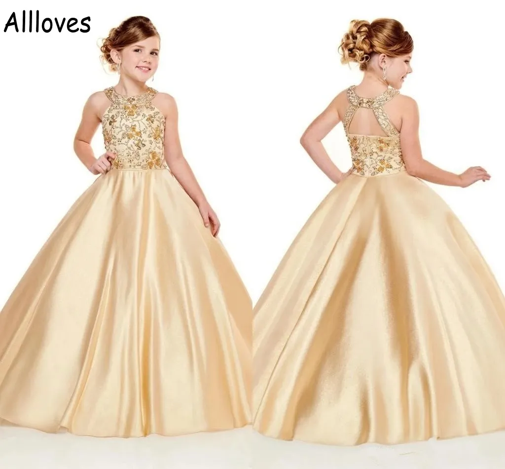 Halter Gold Satin Little Girl's Pageant Dresses Sequins Beaded Embroidery Kids Toddler Flower Girl Wedding Ball Gowns Infant Baby First Communion Dress CL0884