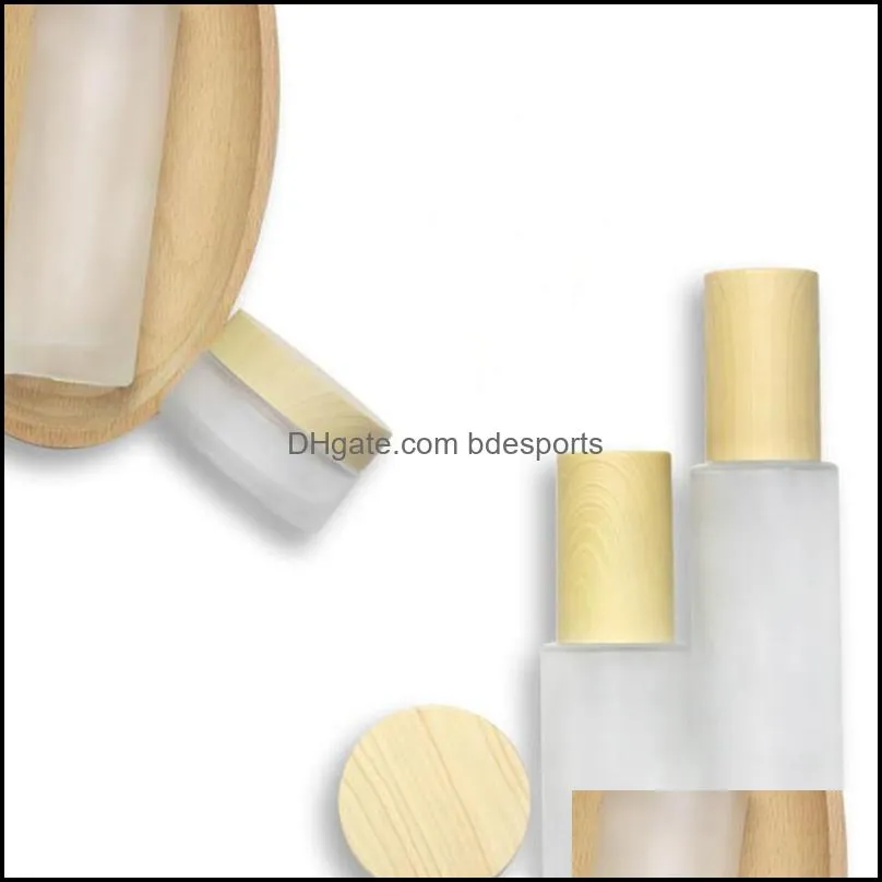 Frosted Glass Bottle Cream Jar with Imitated Wood Lid Lotion Spray Pump Bottles Portable Cosmetic Container Jars 20ml 30ml 40ml 50ml 60ml 80ml