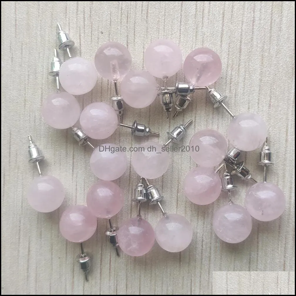 Stud Natural Rose Quartz Stone Round Ball Beads 10Mm Stainless Steel Earrings Jewelry For Women Dhseller2010 Drop De Dhecm