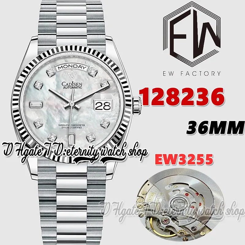 EWF V3 ew128236 ew3255 Automatik-Herrenuhr, 36 mm geriffelte Lünette, MOP-Zifferblatt, Diamantmarkierungen, 904L-Jubiläumsstahlarmband mit der gleichen Seriennummer, Garantiekarte für Ewigkeitsuhren