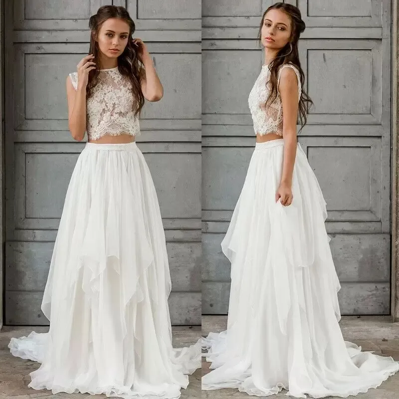 Rustic Long Sleeved Lace Crop Top Two Piece Wedding Dress | Long Bridal  Separates