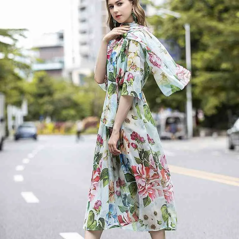 ケース付き カジュアルドレス春と夏のヨーロッパ系アメリカ人ファッションビッグフラワーvネック短袖ドレスシルク印刷エレガントな妖精のスカートスカーフ0hm2 2種セット Apparel Women S Clothing Com