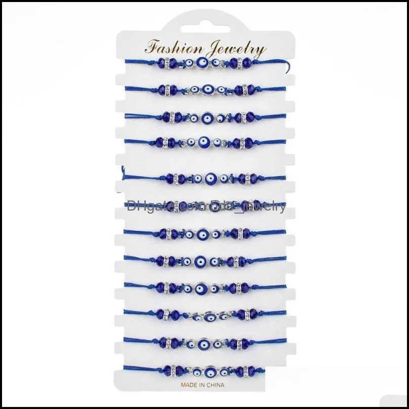 12pcs/set Turkey Blue Evil Eye Bracelet Women Handmade Rope Chain Crystal Beads Bracelets Girl Birthday Party Jewelry Gift
