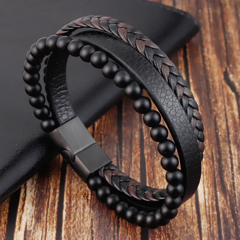 High Quality Stainless Steel Buckle Charm Bracelet Genuine Leather Natural Stone Bracelets for Men