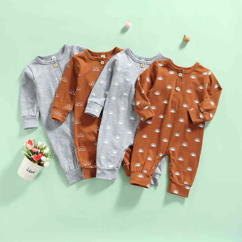 2021-06-23 Lioraitiin 0-18m Infant Baby menino Rodper Sun Print Round Round Gcond Sleeve Mumpsuits Playsuits para Spring outono G220521