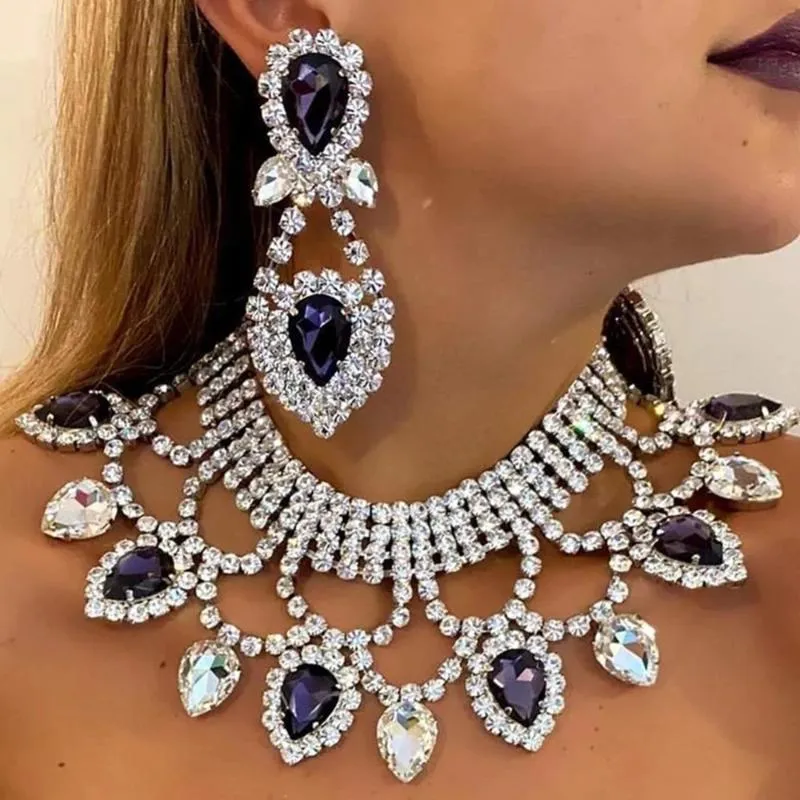 Hänge halsband hyperboliska kristall kunglig överdimensionerad choker halsband örhängen smyckesuppsättningar för kvinnor strass stora vatten dropphalsband