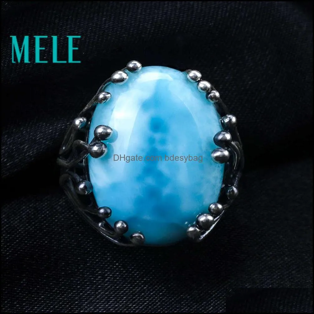 Natural Larimar 925 Silver Rings For Women Blue Jewelry Man Large Fine Opening Ring Gem Oval 15X20mm