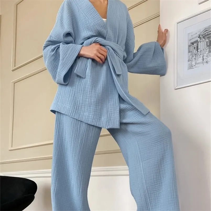 100% Cotton Women's Nightgown Robe Pyjama Ställer in flare Nightgown Trouser Suits Drop Setes Set Woman 2 Piece Bathrobe For Women 220802