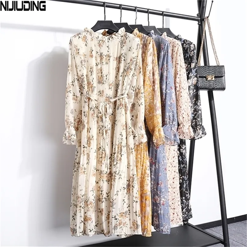 Nijiuding Women Chiffon Dress 2020 Spring Autumn New Long Sleeve Mid Calf Dress Floral Print 긴 주름 드레스 파티 드레스 LJ200820