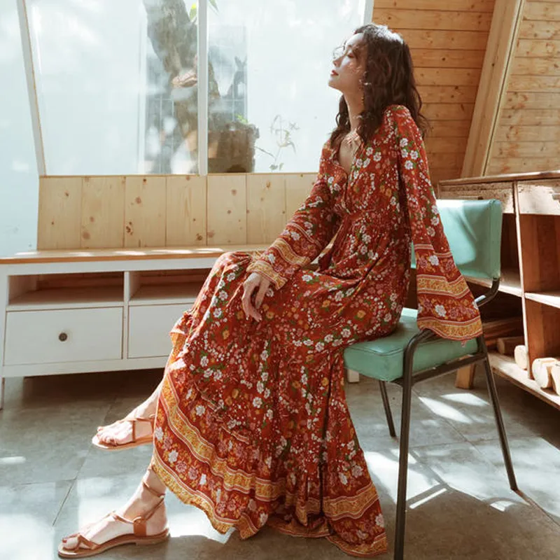 Boho Bohemian Egzotik Kadın Prairie Chic Fashion Seaside V Yaka Uzun Etek Çiçek Uzun Kollu Etnik Tatil Elbisesi