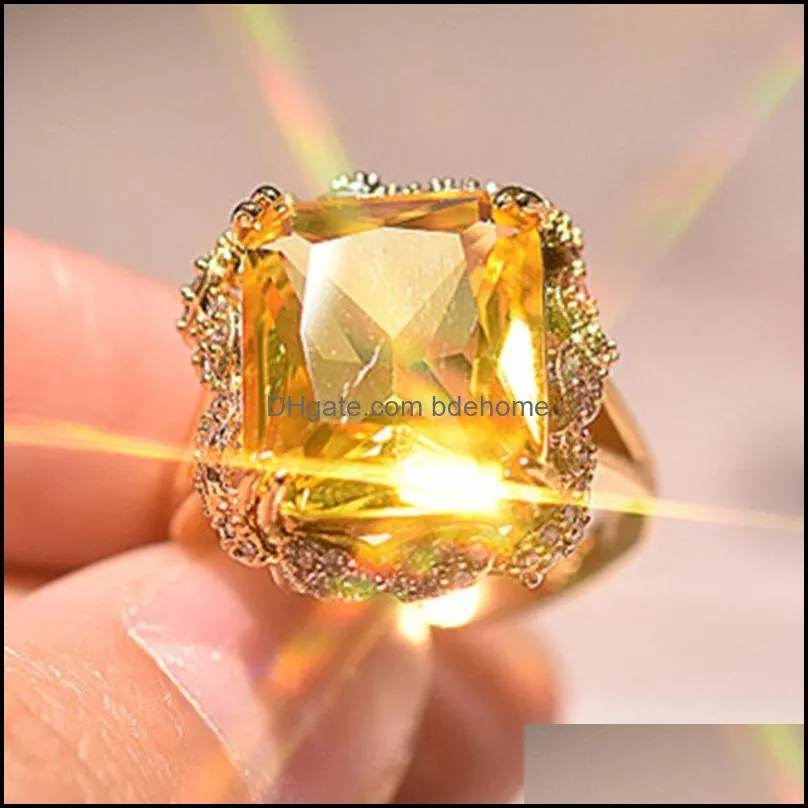 Square Yellow Cyrstal Engagement Band Ring Champagne Big Zircon Rings For Women Vintage Jewelry
