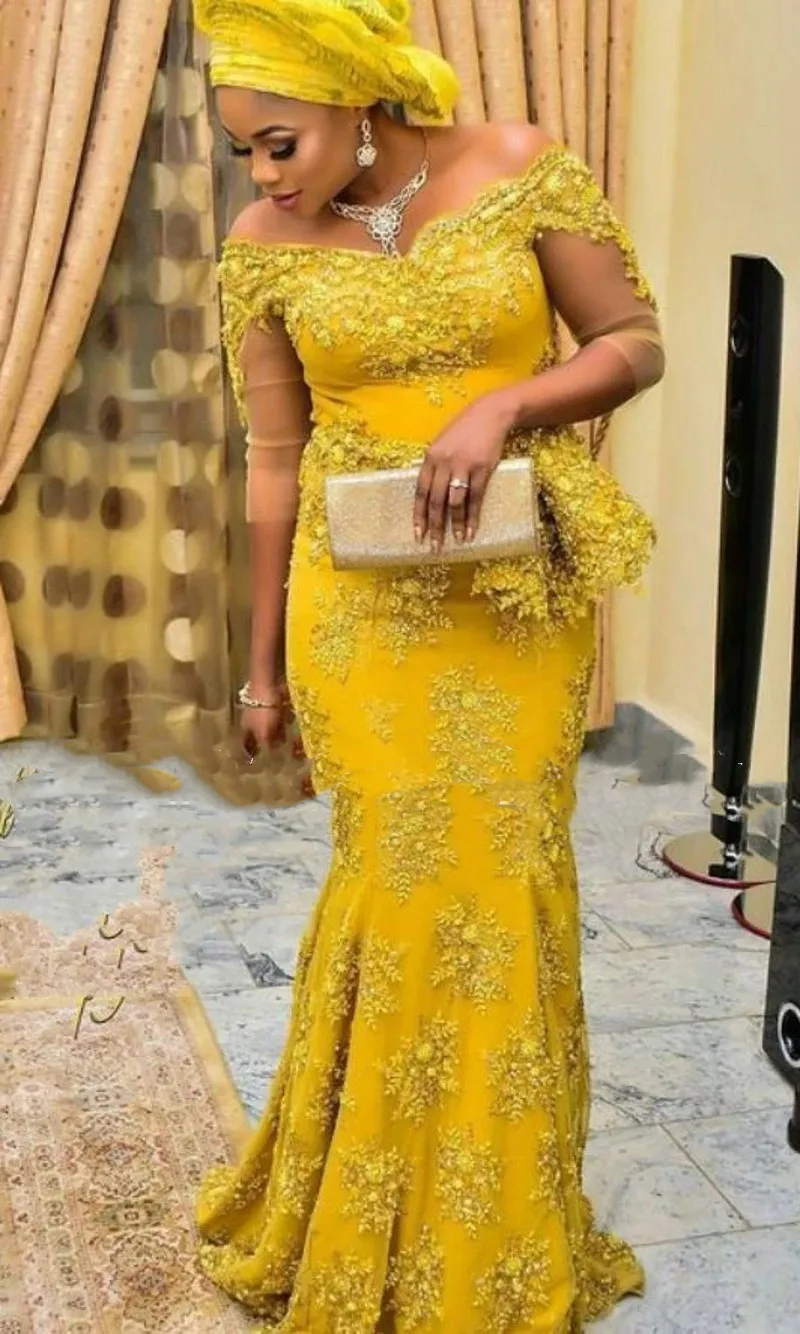 Owambe Partys Stil Abendkleider mit Spitzenapplikation gelbe Meerjungfrau Promkleider für Hochzeiten Gäste tragen Vestidos Formals 322