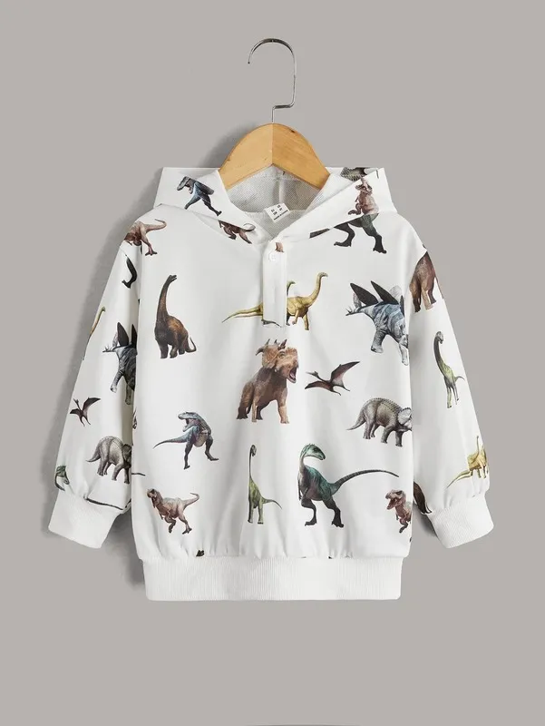 Toddler pojkar knäppta främre dinosaur utskrift hoodie hon