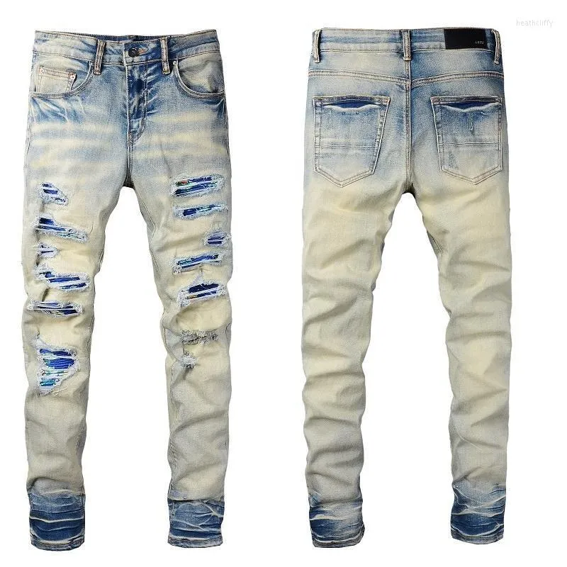 Jeans da uomo Fashion Trendy AMR Strappato Hole Slim Fit Stretch Washed Old Men's Skinny Pants Mens Summer JeansMen's Heat22