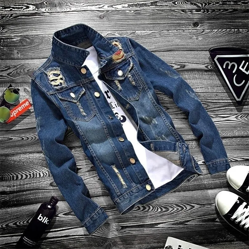 ZOGAA Otoño Juventud Jeans Chaqueta Hombres Agujeros Casuales Cuello vuelto Chaqueta delgada coreana Vaquero Hip Hop Streetwear Chaqueta de mezclilla T200117