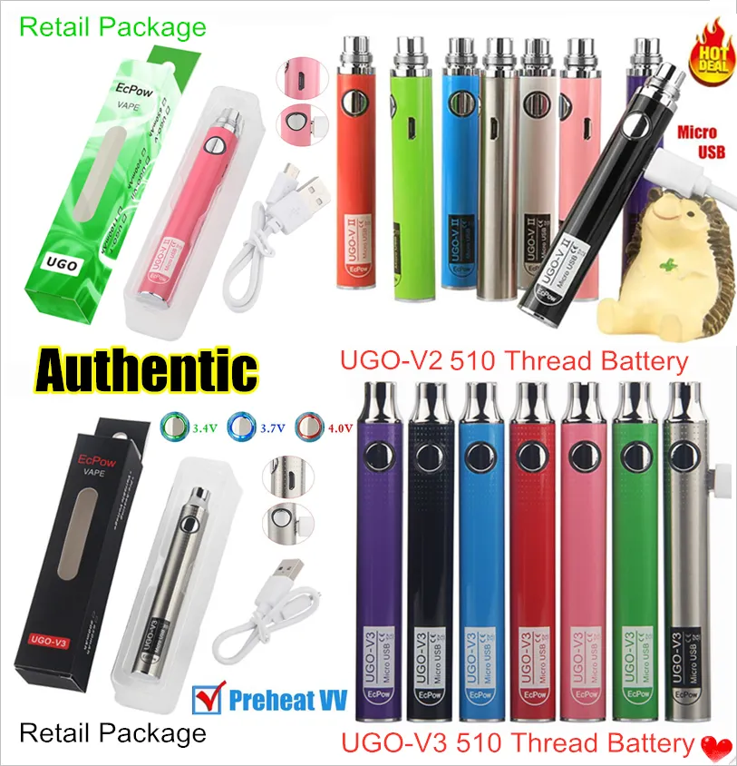 Authentiques UGO-V II 2 Batteries pour stylo vape à 510 fils Kits de batterie de préchauffage à tension variable UGO V3 EVOD VV eGo T Cartouche de passage micro USB Boîte de cigarettes électroniques