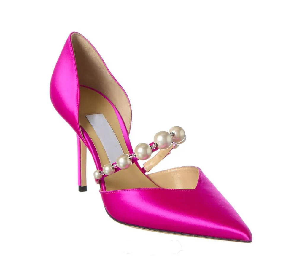 Sapatos de sandália feminina de marca de luxo Aurelie 85mm couro envernizado bombas sandália de couro genuíno Bomba pontiaguda com enfeite de pérola 35-43