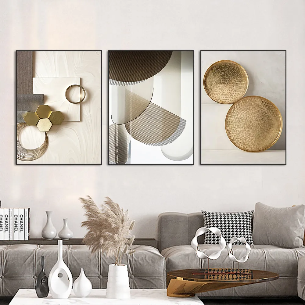 Abstract 3D Geometry Metal Gold Light Luxury Affischer Nordic Canvas Art Oil Målning Hemdekor Väggkonst Vintage Minimalistiska bilder för vardagsrumsheminredning