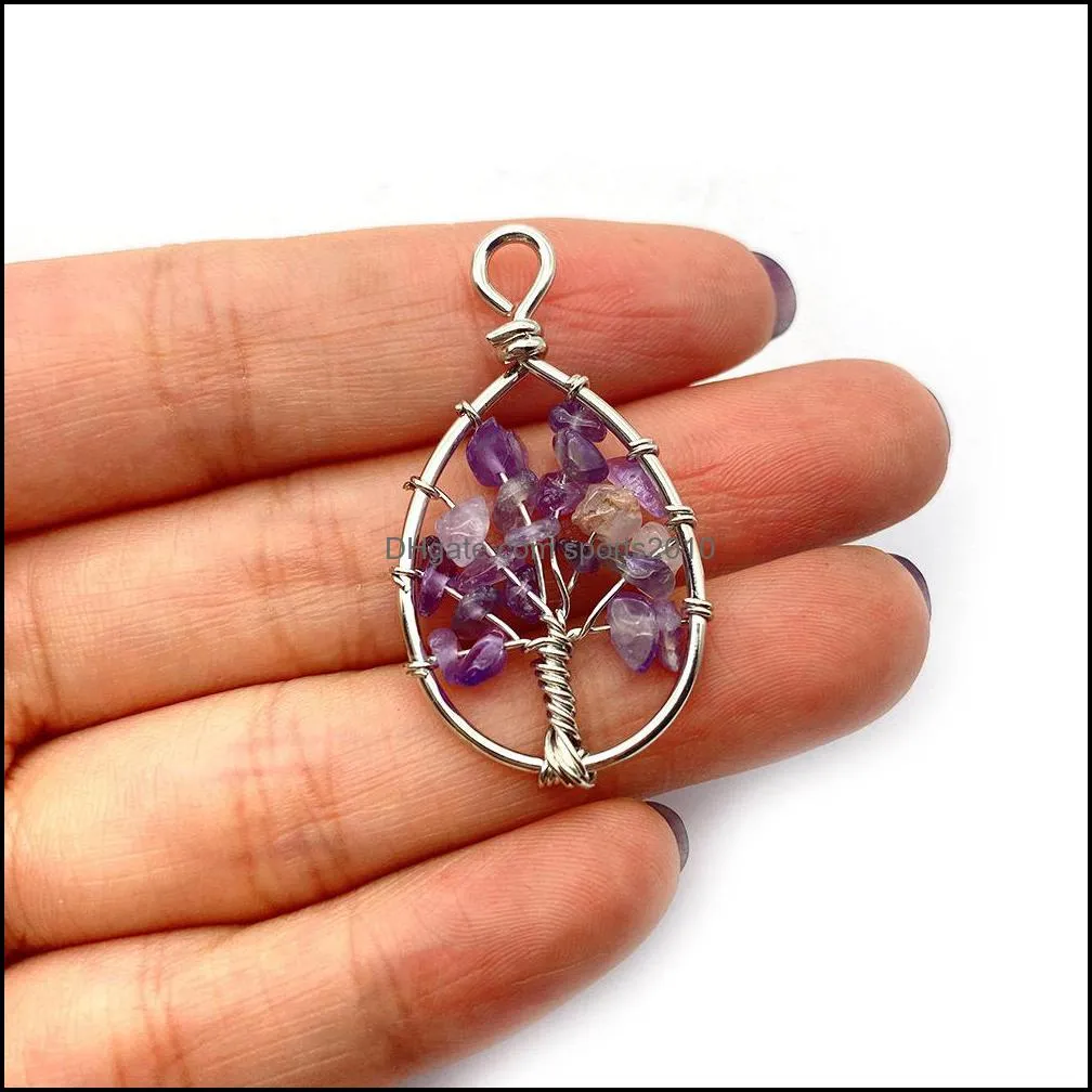 natural crystal stone beads charms wire wrapped tree of life pendant chakra reiki healing amethyst aventurine pendants sports2010