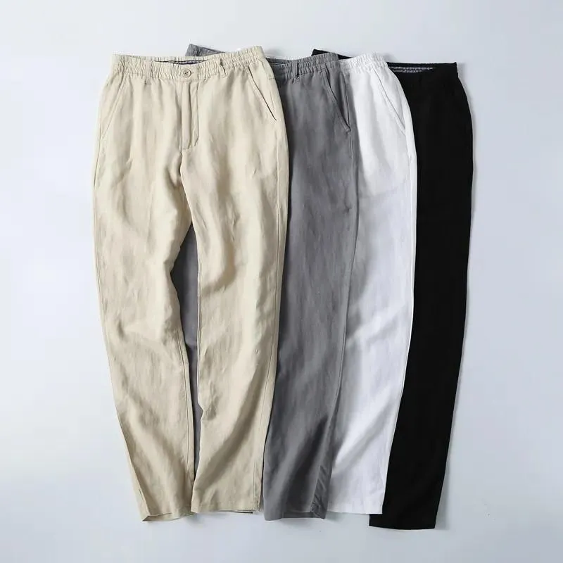 Costumes pour hommes Blazers homme pantalon lin blanc noir Beige été pantalon respirant mâle décontracté taille élastique cordon pour hommes