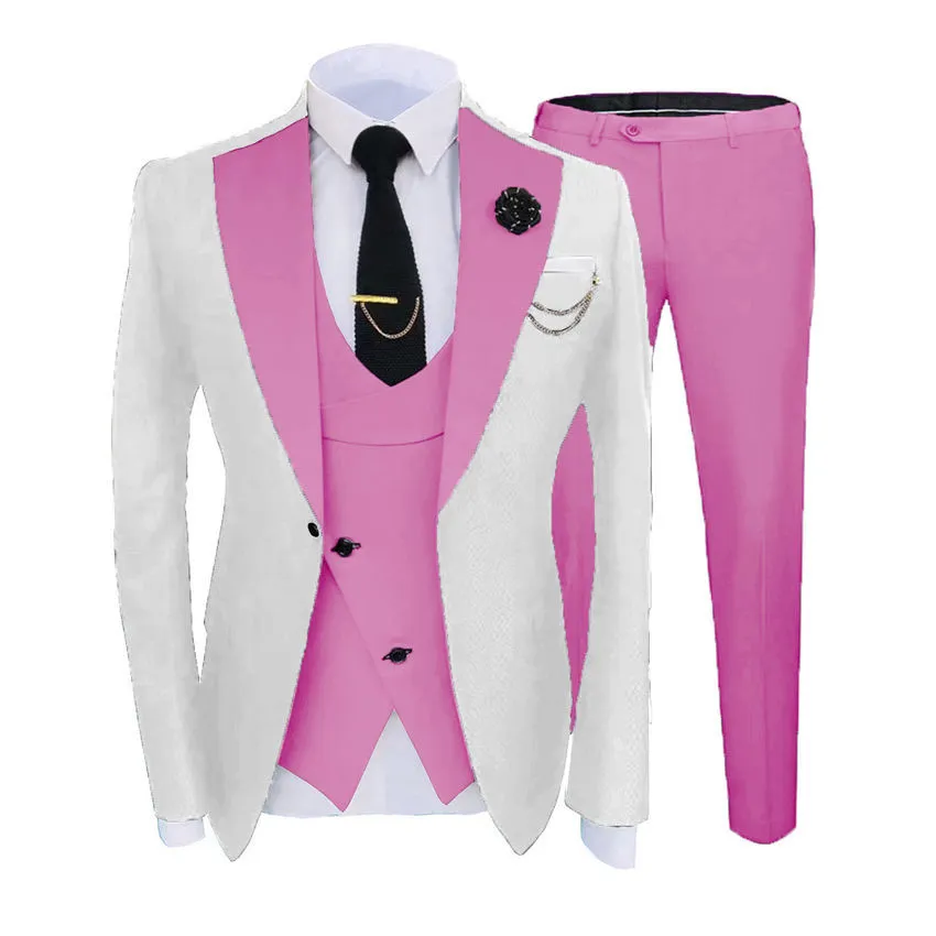 Brand New White Groom Tuxedos Pink Notch Lapel Groomsmen Mens Wedding Dress Style Man Jacket Blazer 3 Piece Suit Jacket Pants Vest Tie 883