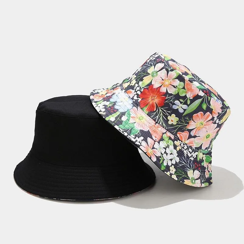 Summer Sun Flower Floral Printed Buckert Hat Women Lady Outdoor Beach Caps Double Side Wear