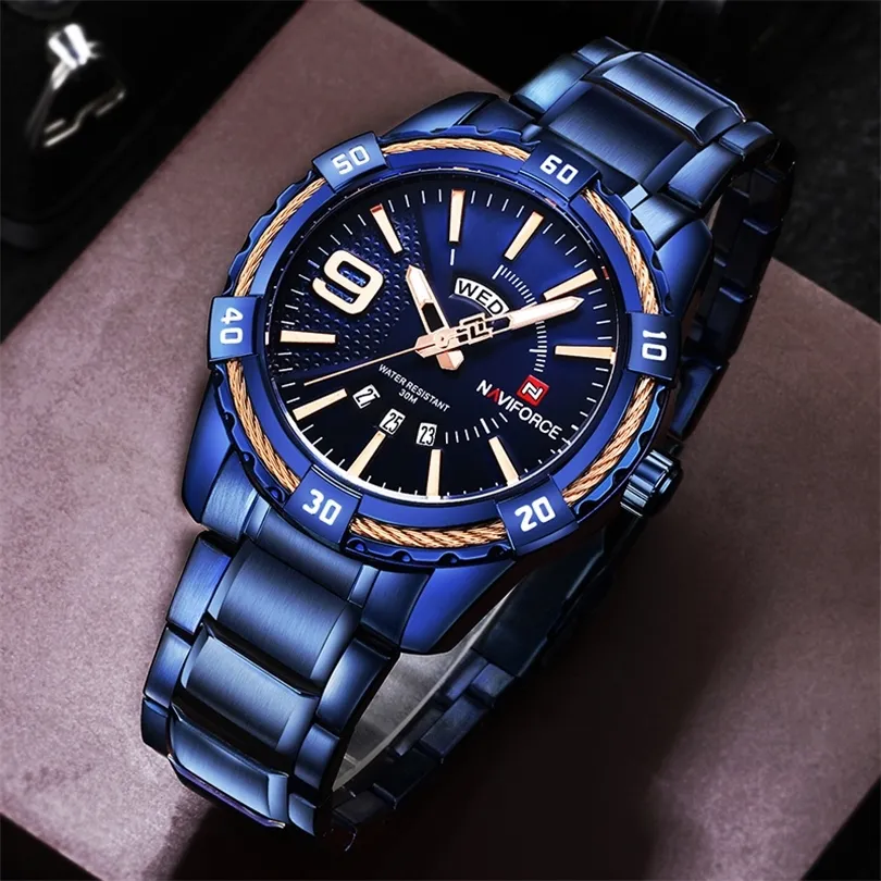 Naviforce Men's Watch Blue Dial Stainless Steel Stainless Stainlestant Man Watches Luxury Business Analog Quartz Mens Watches Fashion T200113