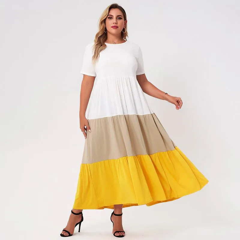 Abiti taglie forti Abito a maniche corte plissettato lungo da donna, Grande, Bianco, Giallo, Marrone chiaro, Cucito, Ampio, Casual, Vacanza, Maxi, 4XL, Estate 20