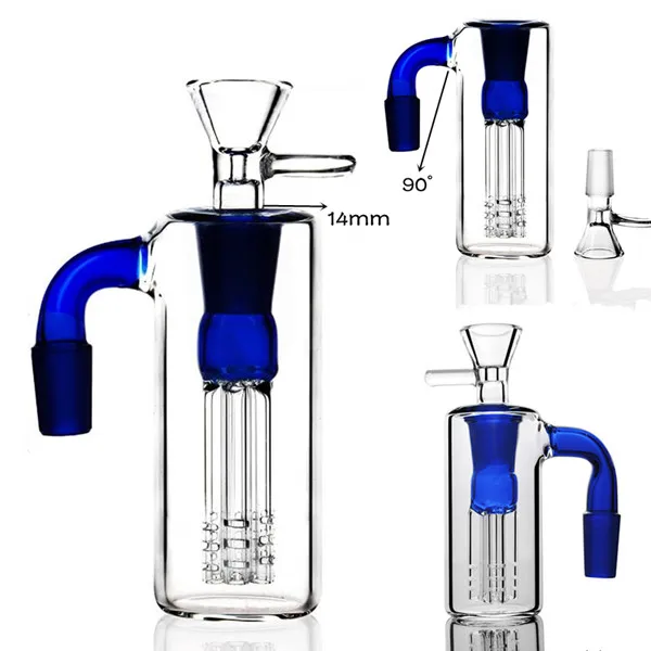 14 mm-18 mm Hookah 90 graden blauw 4 percbomen Glas Ash Cather Reclaim Glass Bong's Accessoires voor roken op voorraad met kom