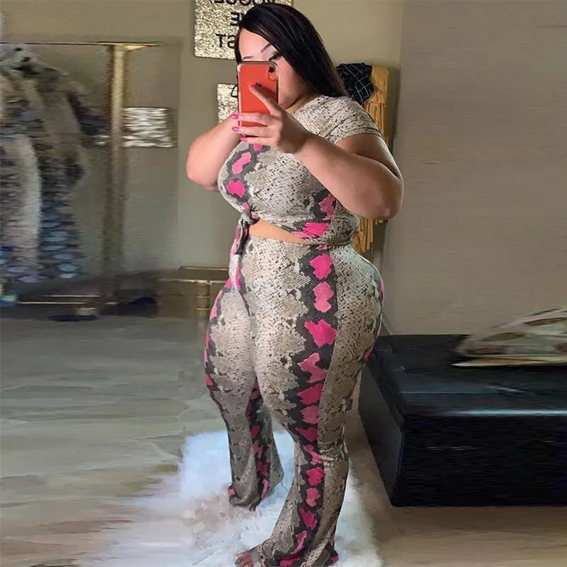 Survêtements grande taille pour femmes ensembles de femmes mode imprimé peau de serpent longues chemises et pantalons 2022 été deux pièces Sexy dame moulante femme Tracksu