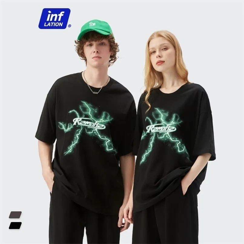 INFLATION Streetwear TShirt Couple Hip Hop Lightning Impression Tshirt Unisexe Harajuku Casual Coton Tshirt À Manches Courtes en Noir 220523