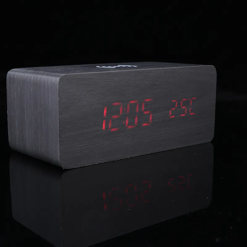 Wireless Wooden LED Constant Led Alarm Clock With Thermometer, Qi