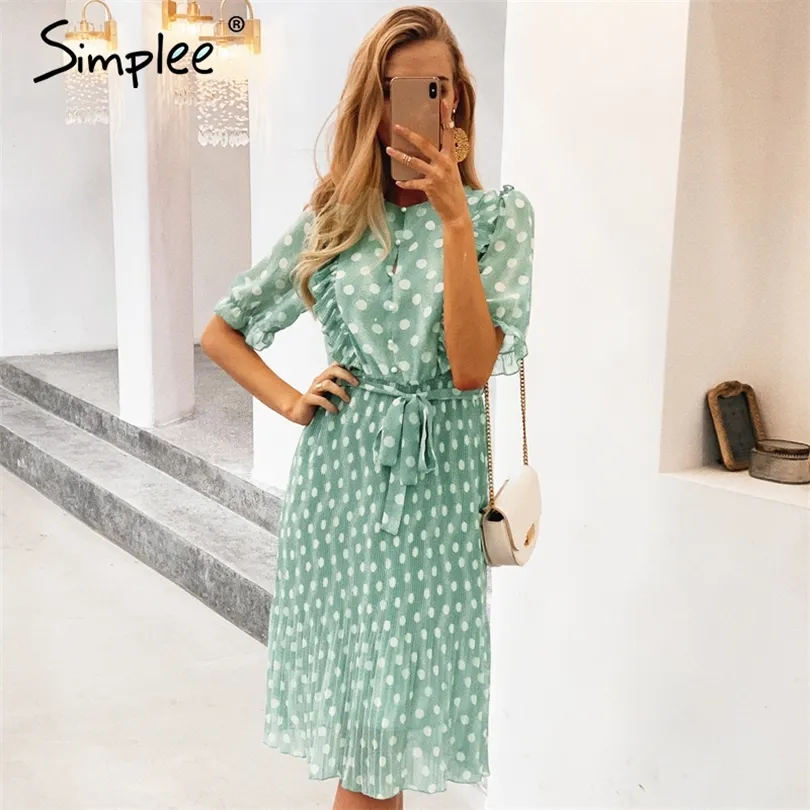 Elegant dot print women summer dress Short sleeve ruffle sash female midi dress Pearl buttons aline ladies green dress 210302