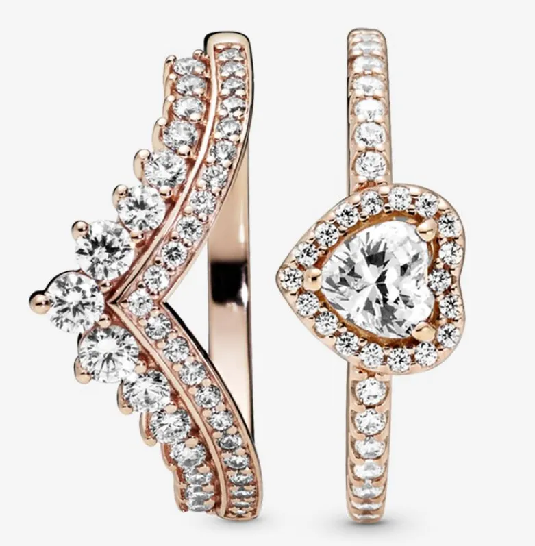 100% 925 Sterling Silver Heart of Rose Princess Wishbone Set di anelli impilabili per le donne Fedi nuziali 2022