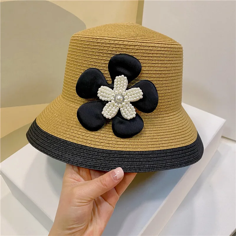 Summer Grass Braid Bucket Hats Pearls Flower Designers Caps Patchwork Women Fisherman Straw Hat Sun Hollow Breathable Cap