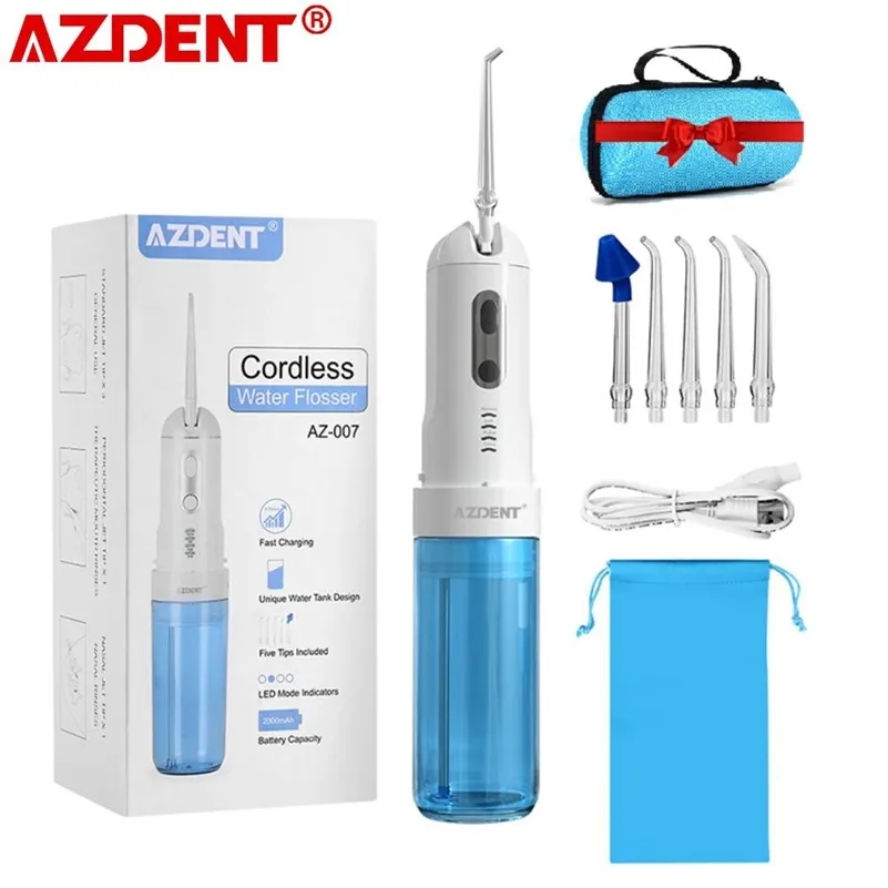 AZDENT AZ-007 Oral Irrigator USB Recharge Cordless Water Teeth Flosser Cleaner Travel Foldable 5 Jet Tips 4 Modes Adult Child 220607